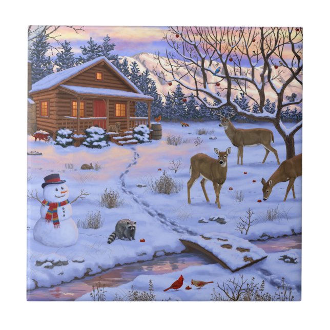 Winter Cabin Deer In Snow Christmas Scene Tile (Front)