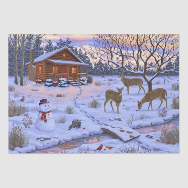 Winter Cabin Deer In Snow Christmas Scene Tissue Paper (Front)