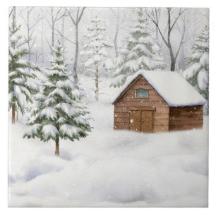 Winter Cabin in Snowy Forest Watercolor Tile