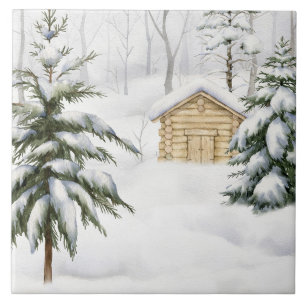 Winter Cabin in Snowy Forest Watercolor Tile