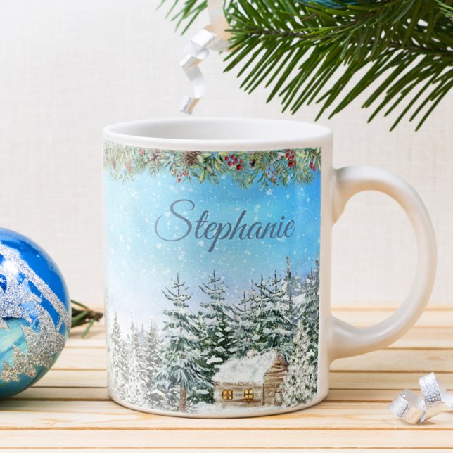 Winter Cabin In the Woods Personalized Christmas Coffee Mug (Creator Uploaded)