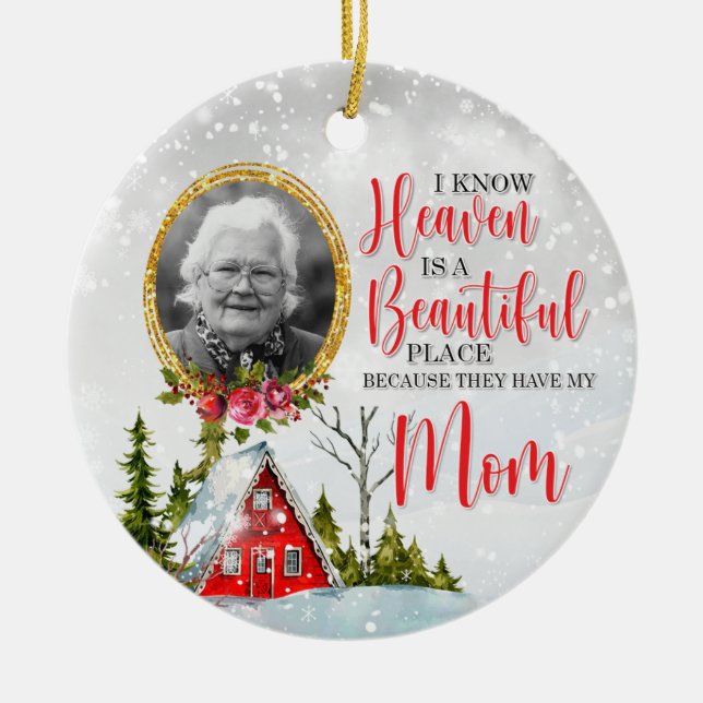 Winter Cabin Personalized Memorial Photo Ceramic Ornament (Front)