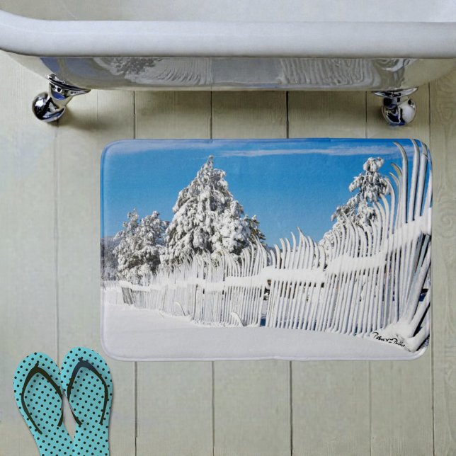 Winter Cabin Rusty Snowy Ski Fence Trees Photo Bath Mat (Snow ski fence in winter scene bath mat. )