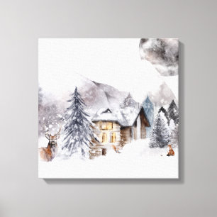 Winter Cabin Scene Canvas Print