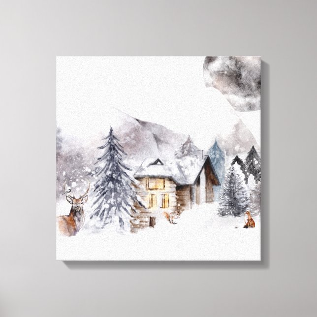 Winter Cabin Scene Canvas Print (Front)