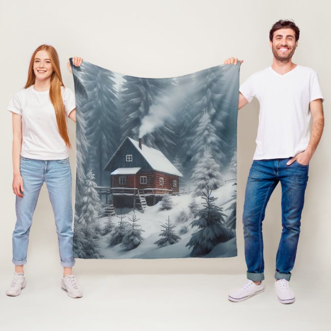 Winter Cabin Scene with Snow & Pine Trees Fleece Blanket (In Situ)