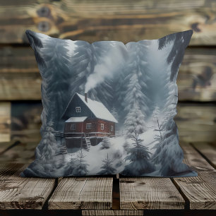 Winter Cabin Scene with Snow & Pine Trees Throw Pillow