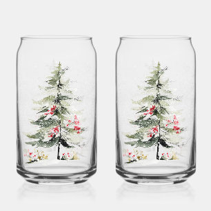 Winter Cabin Watercolor Christmas Pine Trees Can Glass