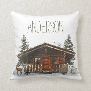 Winter Cabin with Name Throw Pillow