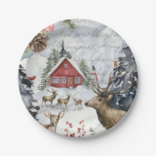 Winter Cabin Woodland Forest  Paper Plate