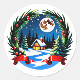 Winter Cabin Wrapped in a Festive Wreath Classic Round Sticker