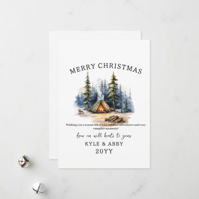 Winter Camping Bonfire Moonlight Christmas Forest Holiday Card (Front/Back In Situ)