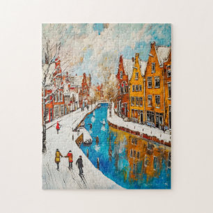 Winter Canal with Snowy Streets and Colorful House Jigsaw Puzzle