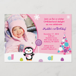 Winter Candy Penguin Birthday Invitations