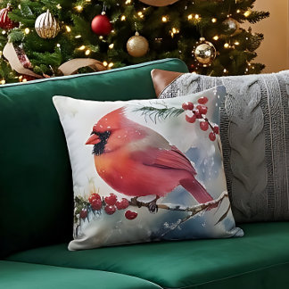 Winter Cardinal Accent Pillow – Watercolor Nature