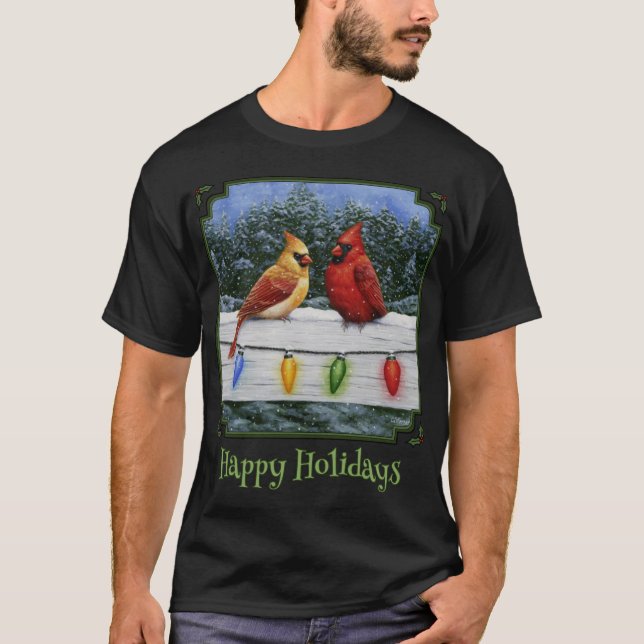 Winter Cardinal Birds And Christmas Lights Happy H T-Shirt (Front)