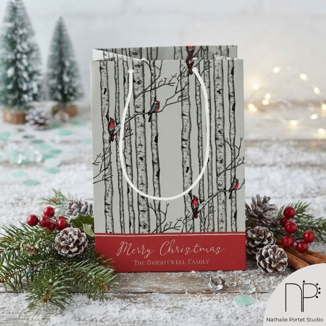 Winter Cardinal Gift Bag (This winter cardinal gift bag features hand-drawn art for elegant, festive holiday gift-giving.)