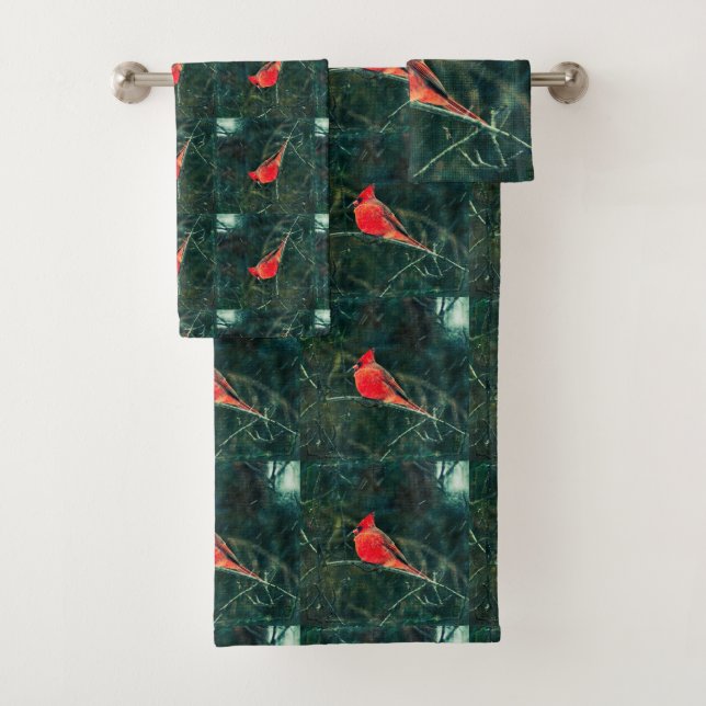 Winter Cardinal in Snowstorm - Enhanced Bath Towel Set (Insitu)