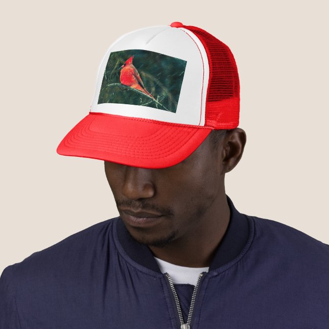 Winter Cardinal in Snowstorm - Enhanced Trucker Hat (In Situ)