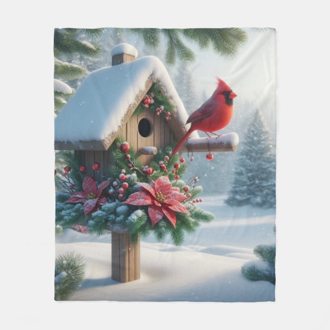 Winter Cardinal on a Festive Birdhouse Fleece Blanket (Front)