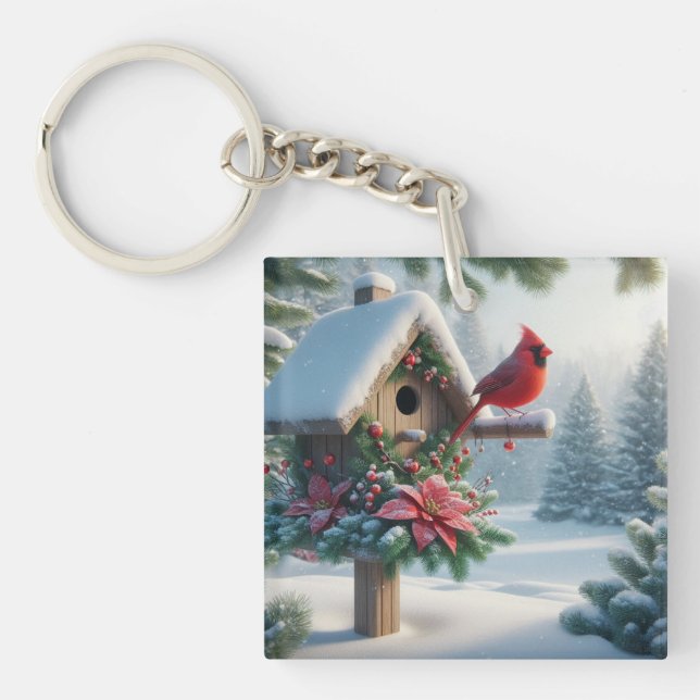 Winter Cardinal on a Festive Birdhouse Keychain (Front)