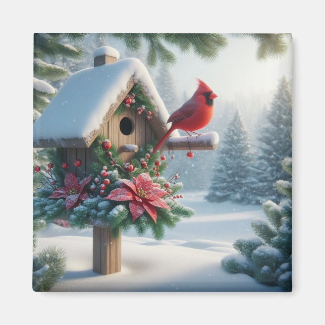 Winter Cardinal on a Festive Birdhouse Magnet (Front)