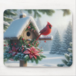 Winter Cardinal on a Festive Birdhouse Mouse Pad