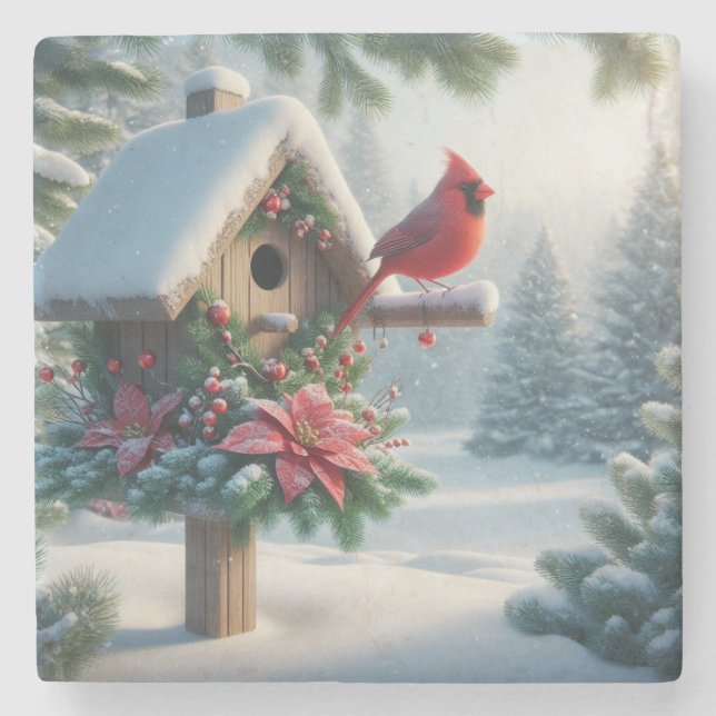 Winter Cardinal on a Festive Birdhouse Stone Coaster (Front)