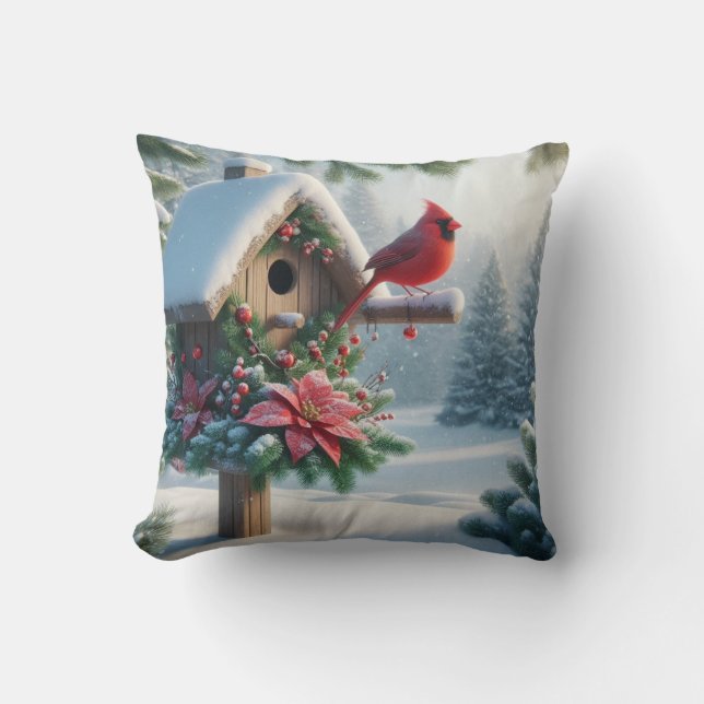 Winter Cardinal on a Festive Birdhouse Throw Pillow (Front)