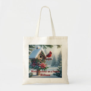 Winter Cardinal on a Festive Birdhouse Tote Bag