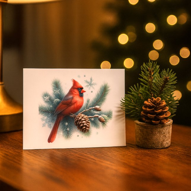 Winter Cardinal Pine and Snowflakes  Postcard (“Watercolor red cardinal on snowy pine with snowflakesa serene winter scene for holiday mailing.”)