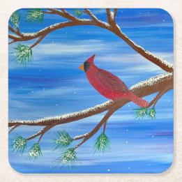 Winter Cardinal Square Paper Coaster