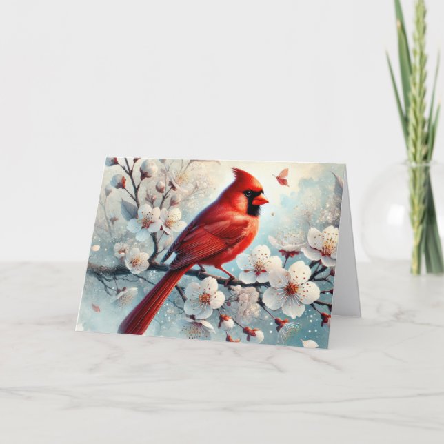 Winter Cardinal with Flowers Christmas Holiday Card (Front)