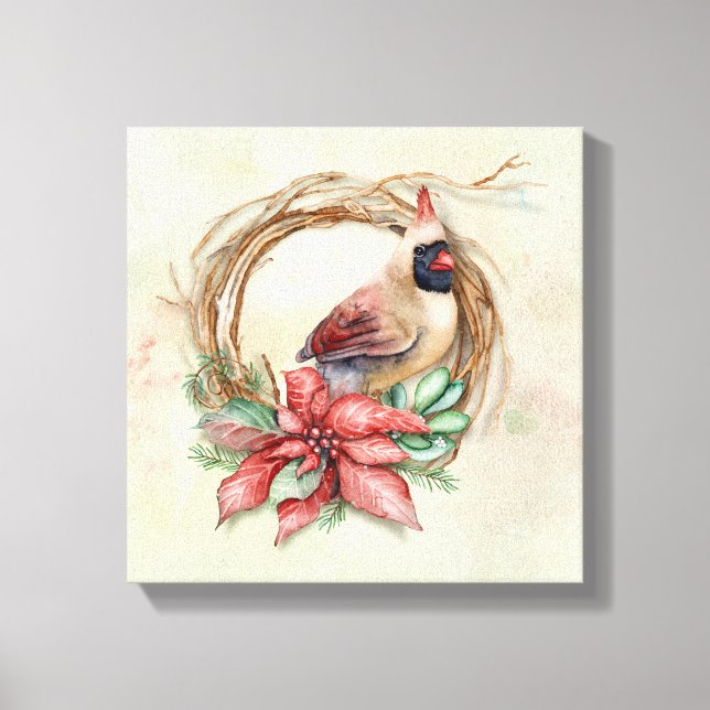 Winter Cardinal with Poinsettia Canvas Print (Front)