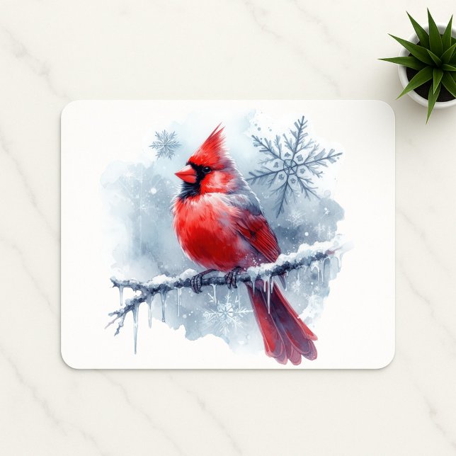 Winter Cardinal with Snowflakes on Icy Branch Mouse Pad (Creator Uploaded)