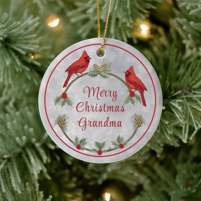 Winter Cardinals and Pines Ceramic Ornament (Tree)