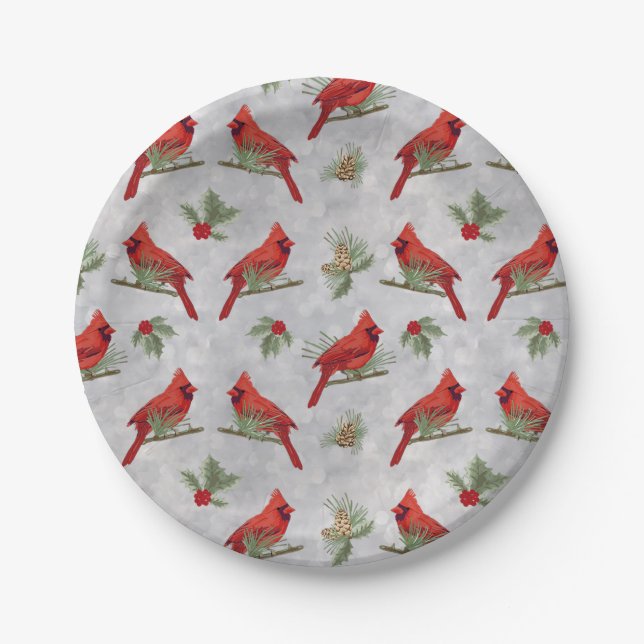 Winter Cardinals and Pines Paper Plate (Front)
