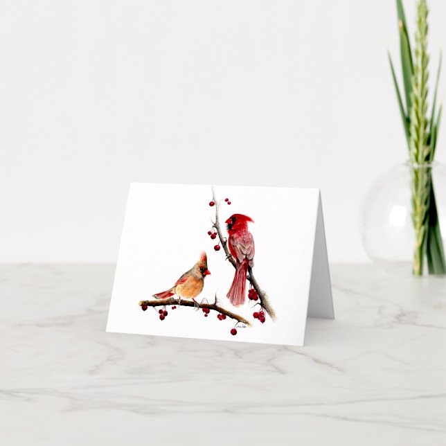 Winter Cardinals Berries Thank You Card (Beautiful cardinal pair watercolor thank you notes from Jenn Steffen Art)