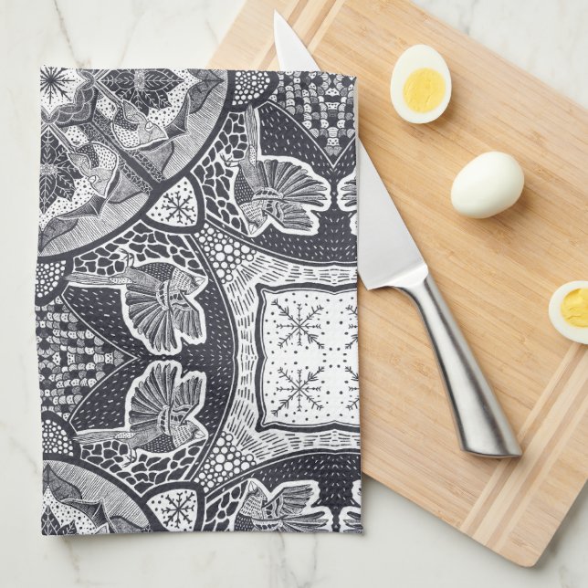Winter Cardinals Bird Mandala Hand-Drawn Kitchen Towel (Quarter Fold)