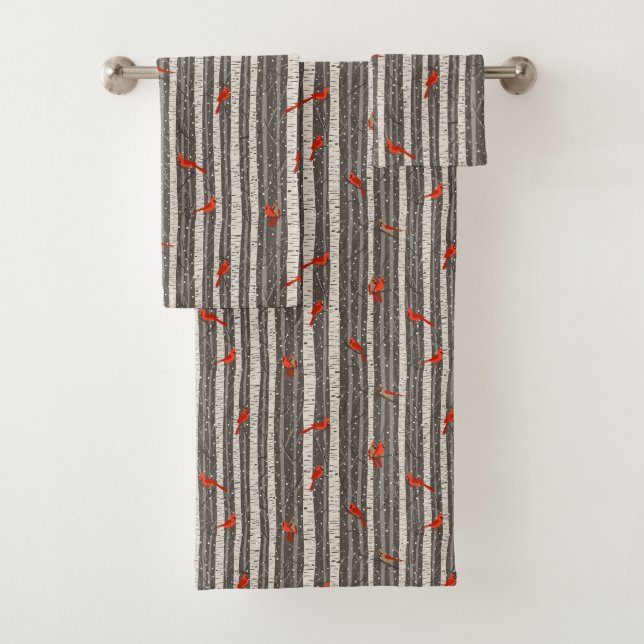Winter Cardinals in Birch Trees Bath Towel Set (Insitu)