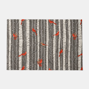 Winter Cardinals in Birch Trees Doormat