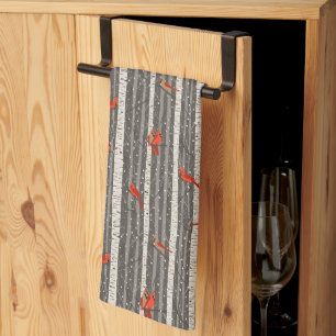Winter Cardinals in Birch Trees Kitchen Towel