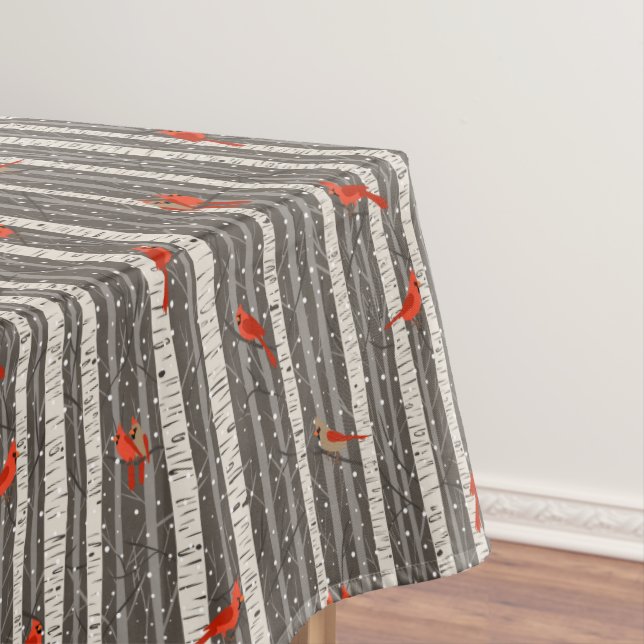 Winter Cardinals in Birch Trees Tablecloth (In Situ)