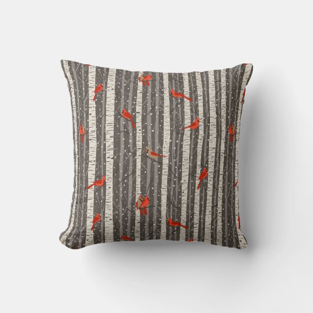 Winter Cardinals in Birch Trees Throw Pillow (Front)