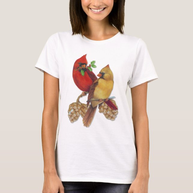 Winter Cardinals Pine and Holly T-Shirt (Front)