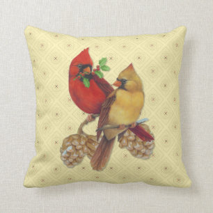 Winter Cardinals Pine and Holly Throw Pillow
