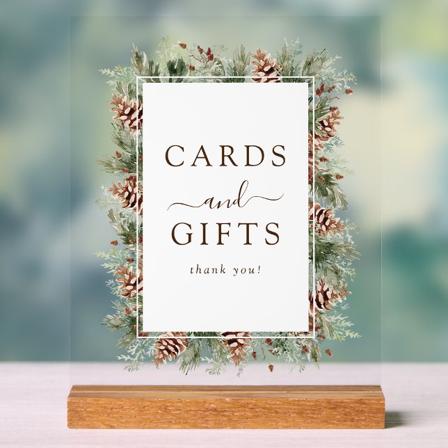 Winter Cards and Gift Acrylic Sign (Boho Pinecone Evergreen Winter Cards and Gift Acrylic Sign by Painted Paperie
)