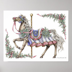 Winter Carousel Horse Pen and Ink Drawing Poster