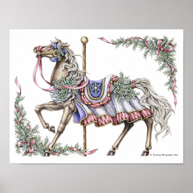 Winter Carousel Horse Pen and Ink Drawing Poster (Front)