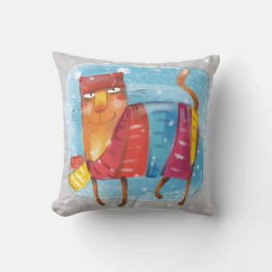 Winter cartoon cat, all wrapped up, in a snowstorm throw pillow